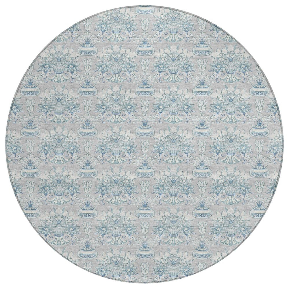 8' Silver And Gray Round Floral Washable Indoor Outdoor Area Rug HomeRoots