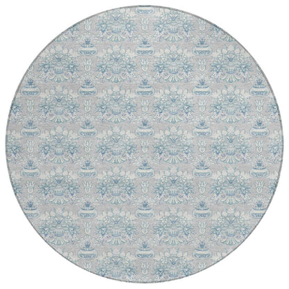 8' Silver And Gray Round Floral Washable Indoor Outdoor Area Rug HomeRoots
