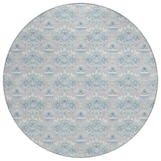 8' Silver And Gray Round Floral Washable Indoor Outdoor Area Rug