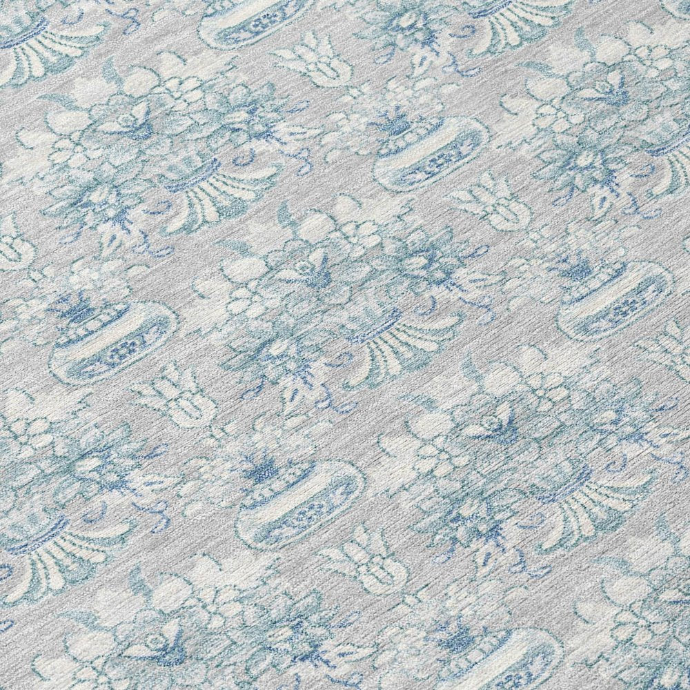 8' Silver And Gray Round Floral Washable Indoor Outdoor Area Rug — view 3