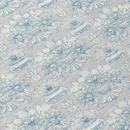 8' Silver And Gray Round Floral Washable Indoor Outdoor Area Rug HomeRoots