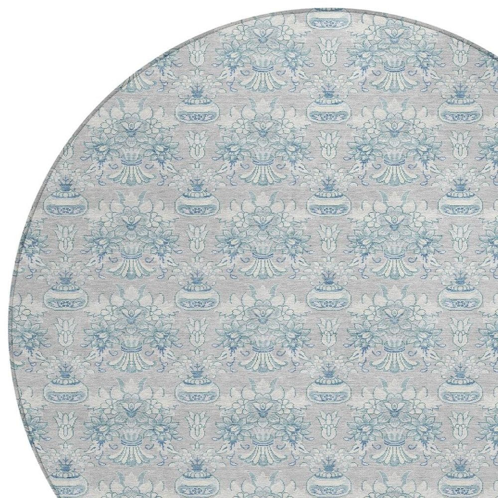 8' Silver And Gray Round Floral Washable Indoor Outdoor Area Rug — view 4