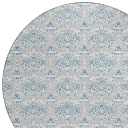 8' Silver And Gray Round Floral Washable Indoor Outdoor Area Rug HomeRoots