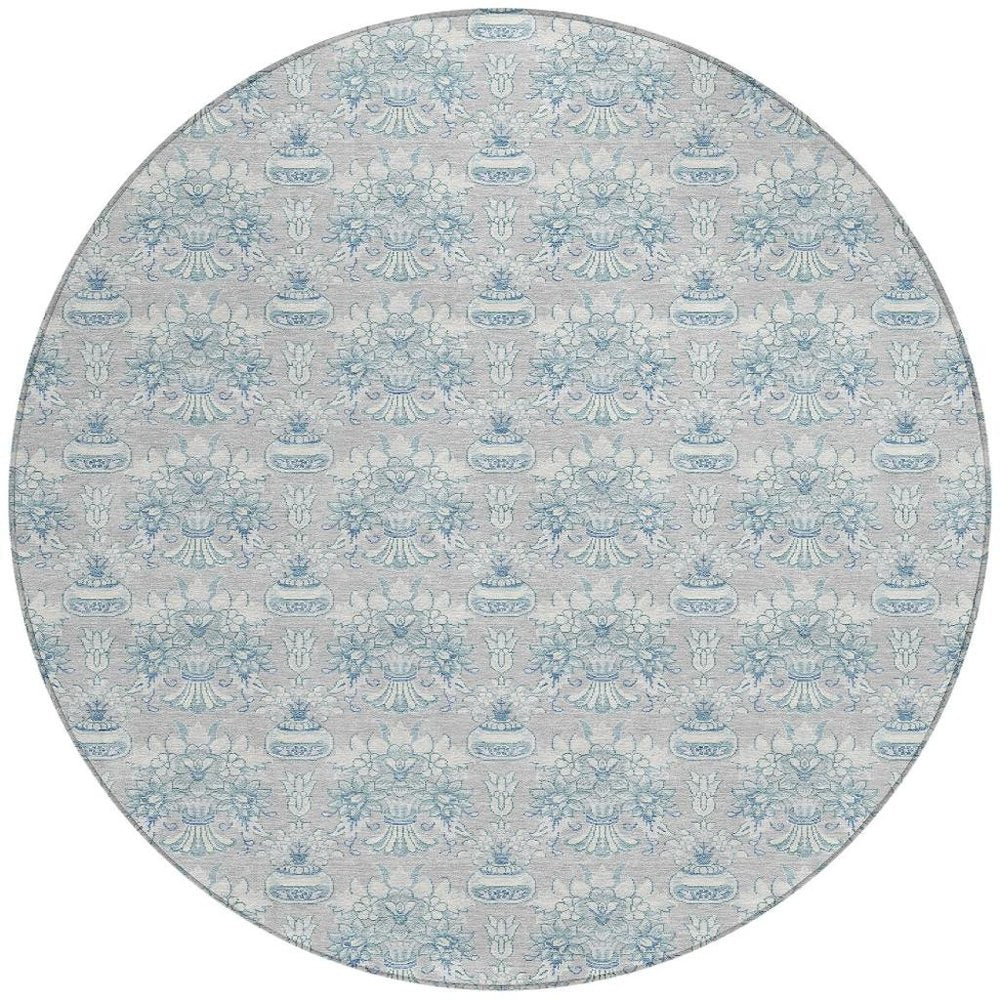 8' Silver And Gray Round Floral Washable Indoor Outdoor Area Rug — view 5