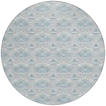 8' Silver And Gray Round Floral Washable Indoor Outdoor Area Rug HomeRoots