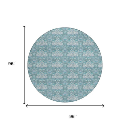 8' Teal Blue And Green Round Floral Washable Indoor Outdoor Area Rug HomeRoots