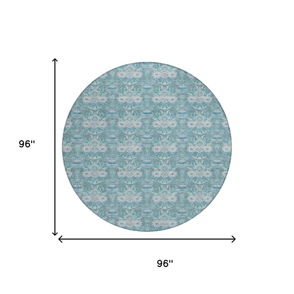 8' Teal Blue And Green Round Floral Washable Indoor Outdoor Area Rug — view 6