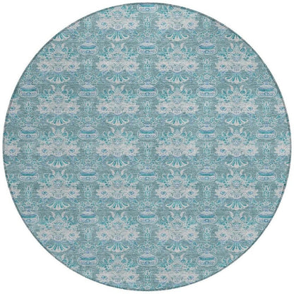 8' Teal Blue And Green Round Floral Washable Indoor Outdoor Area Rug HomeRoots