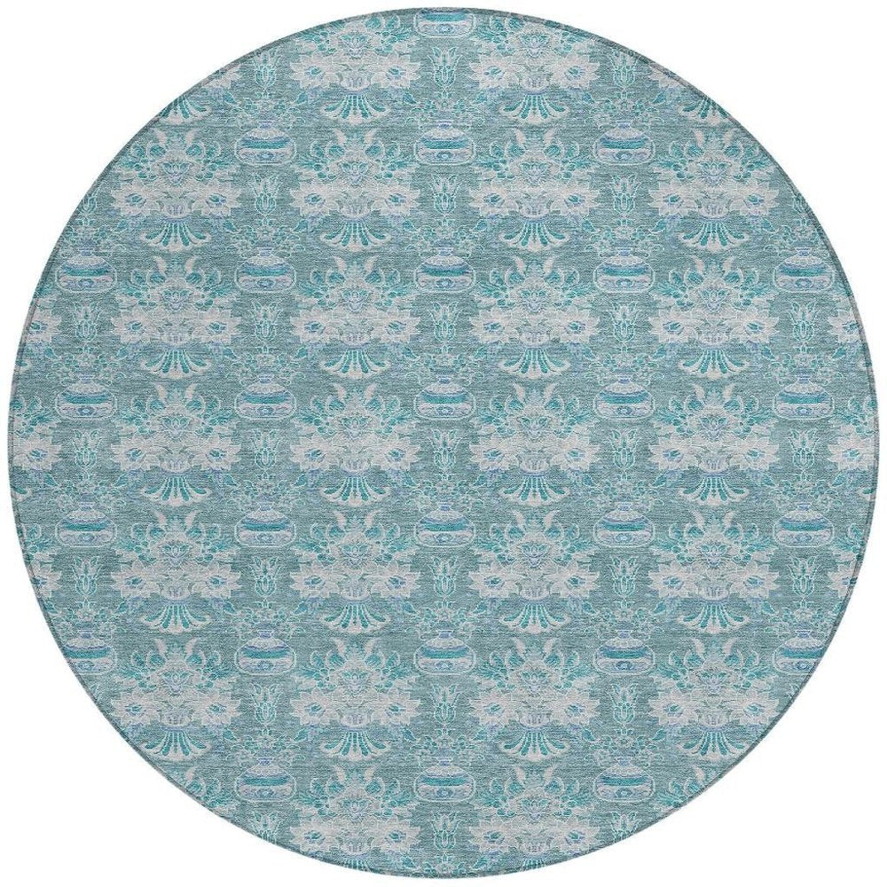 8' Teal Blue And Green Round Floral Washable Indoor Outdoor Area Rug — view 8