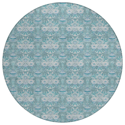 8' Teal Blue And Green Round Floral Washable Indoor Outdoor Area Rug