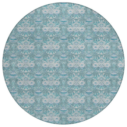 8' Teal Blue And Green Round Floral Washable Indoor Outdoor Area Rug HomeRoots