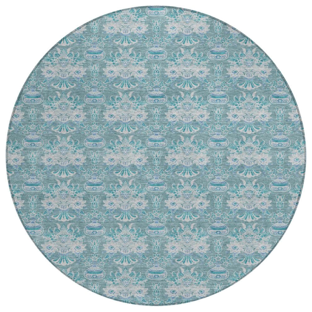 8' Teal Blue And Green Round Floral Washable Indoor Outdoor Area Rug