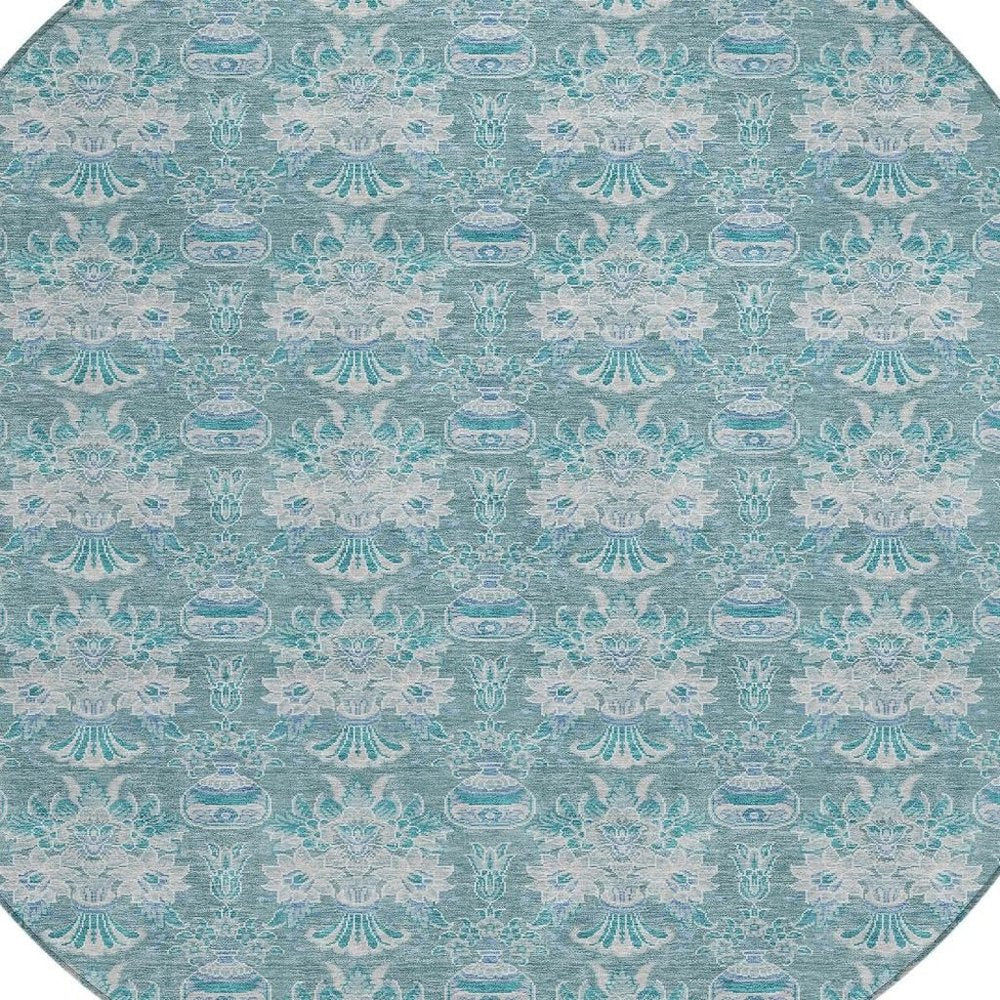 8' Teal Blue And Green Round Floral Washable Indoor Outdoor Area Rug — view 4