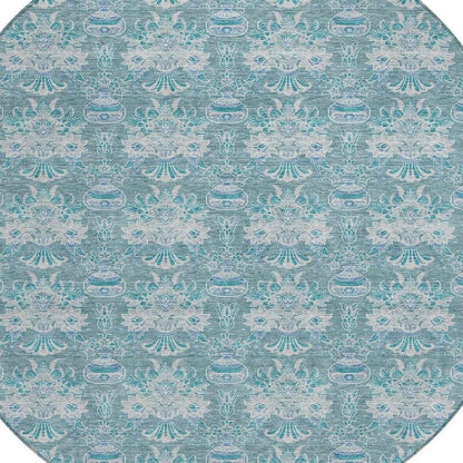 8' Teal Blue And Green Round Floral Washable Indoor Outdoor Area Rug HomeRoots