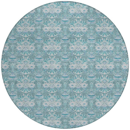 8' Teal Blue And Green Round Floral Washable Indoor Outdoor Area Rug