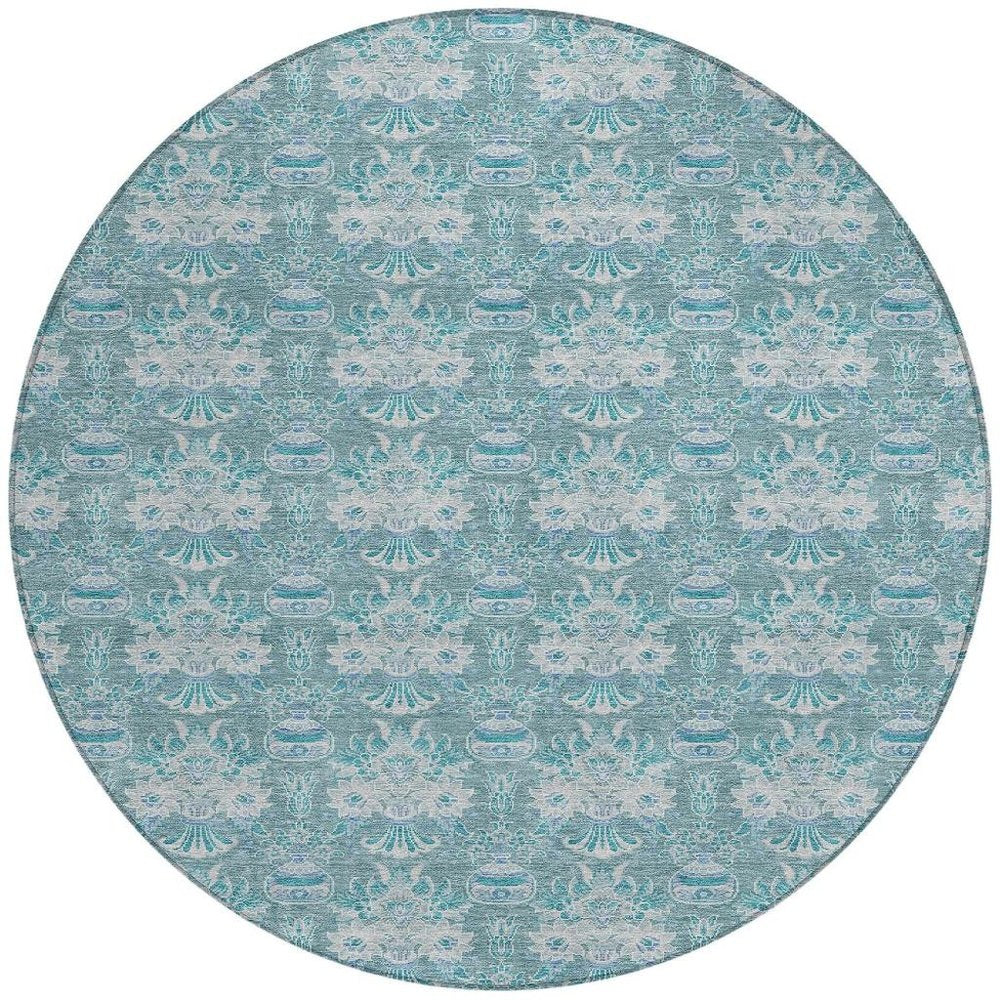 8' Teal Blue And Green Round Floral Washable Indoor Outdoor Area Rug — view 5