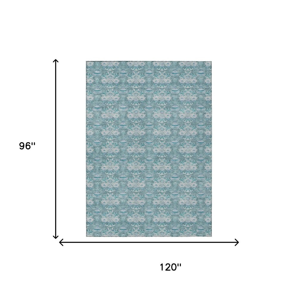 8' X 10' Teal Blue And Green Floral Washable Indoor Outdoor Area Rug — view 6
