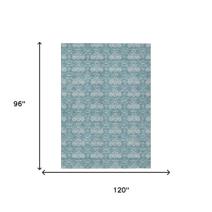 8' X 10' Teal Blue And Green Floral Washable Indoor Outdoor Area Rug HomeRoots