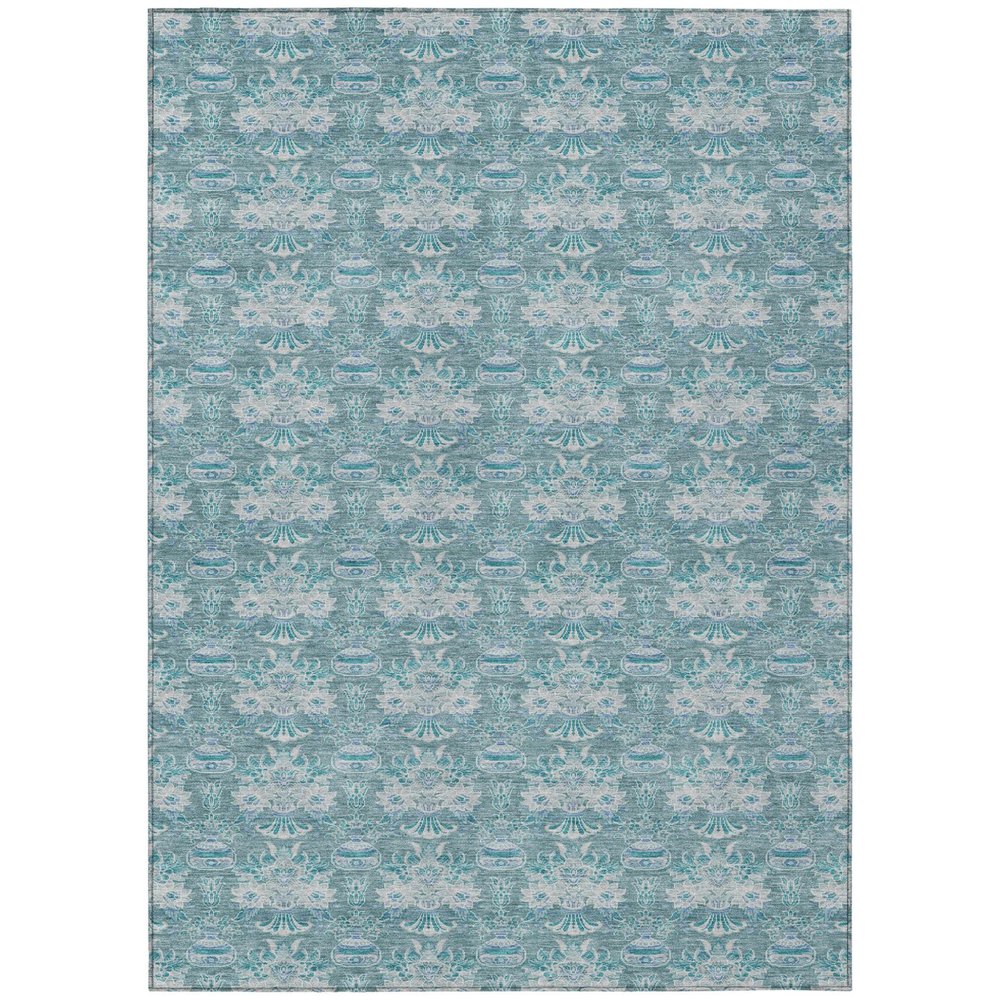 8' X 10' Teal Blue And Green Floral Washable Indoor Outdoor Area Rug