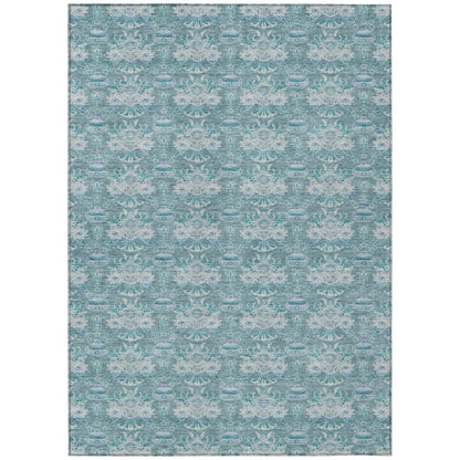 8' X 10' Teal Blue And Green Floral Washable Indoor Outdoor Area Rug