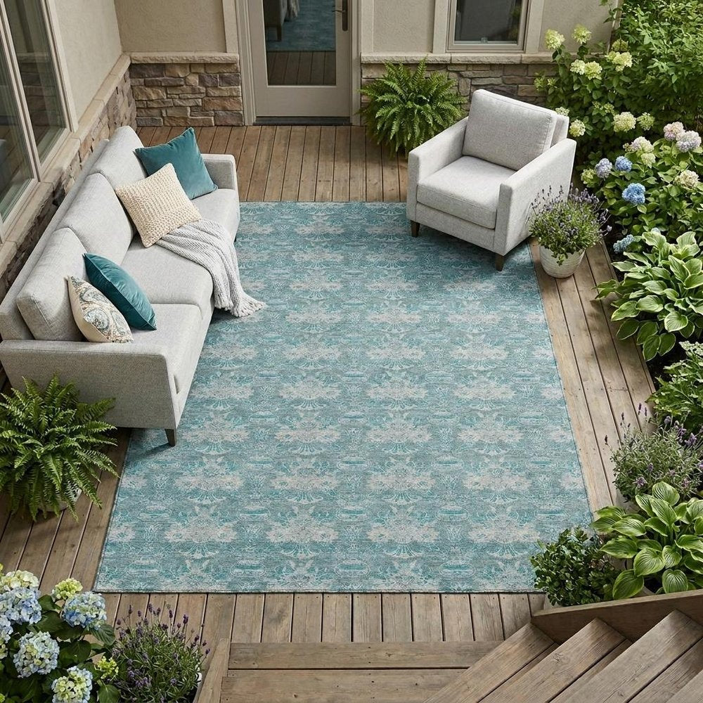 8' X 10' Teal Blue And Green Floral Washable Indoor Outdoor Area Rug