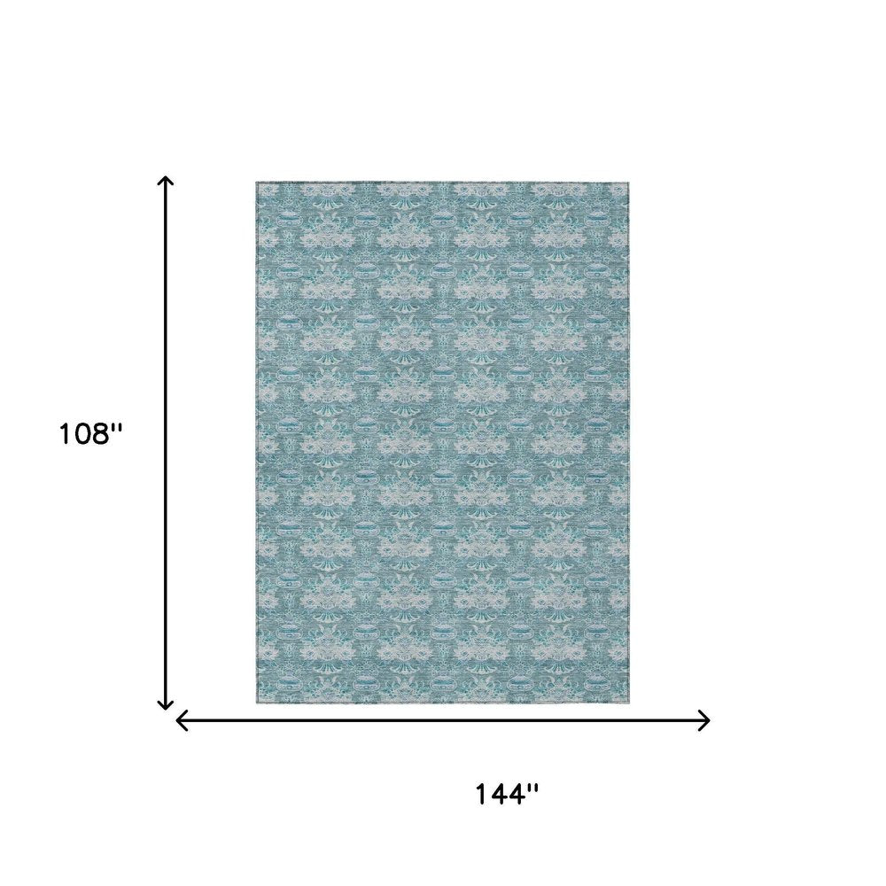9' X 12' Teal Blue And Green Floral Washable Indoor Outdoor Area Rug — view 6