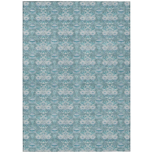 9' X 12' Teal Blue And Green Floral Washable Indoor Outdoor Area Rug