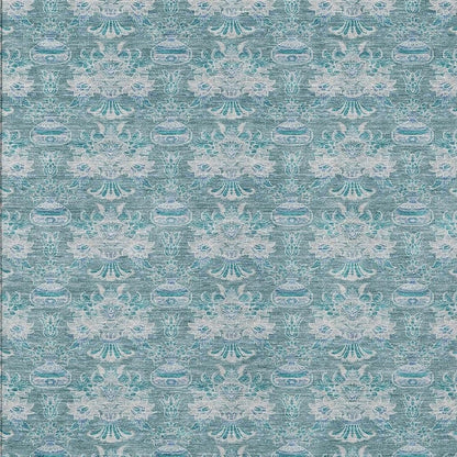 10' X 14' Teal Blue And Green Floral Washable Indoor Outdoor Area Rug