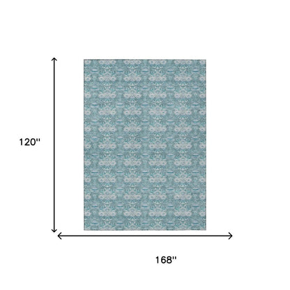 10' X 14' Teal Blue And Green Floral Washable Indoor Outdoor Area Rug
