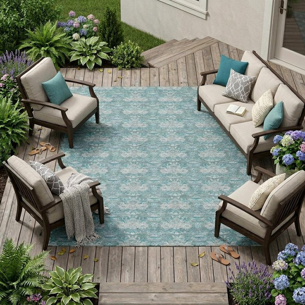 10' X 14' Teal Blue And Green Floral Washable Indoor Outdoor Area Rug HomeRoots