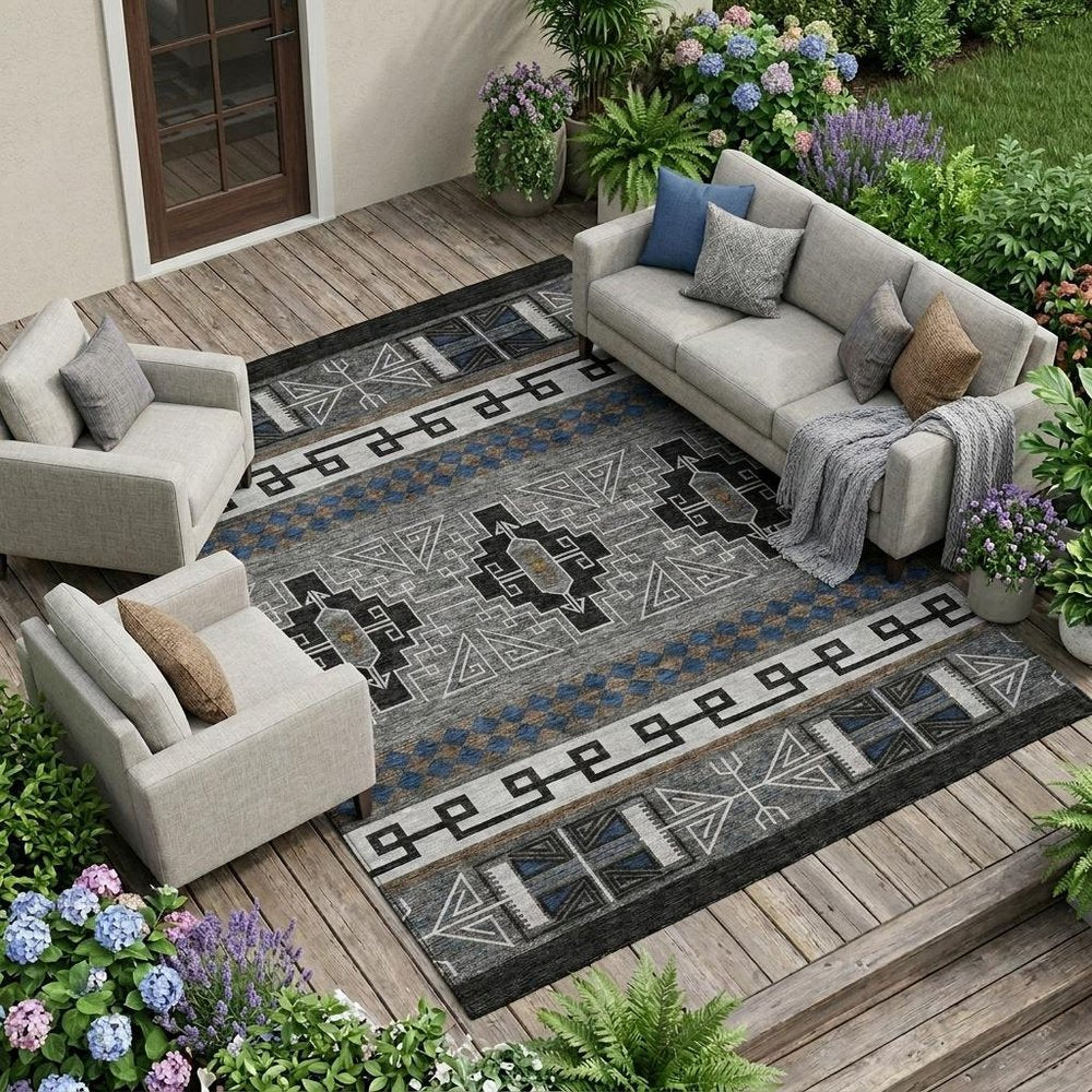 8' X 10' Black And Copper Tribal Washable Indoor Outdoor Area Rug — view 6