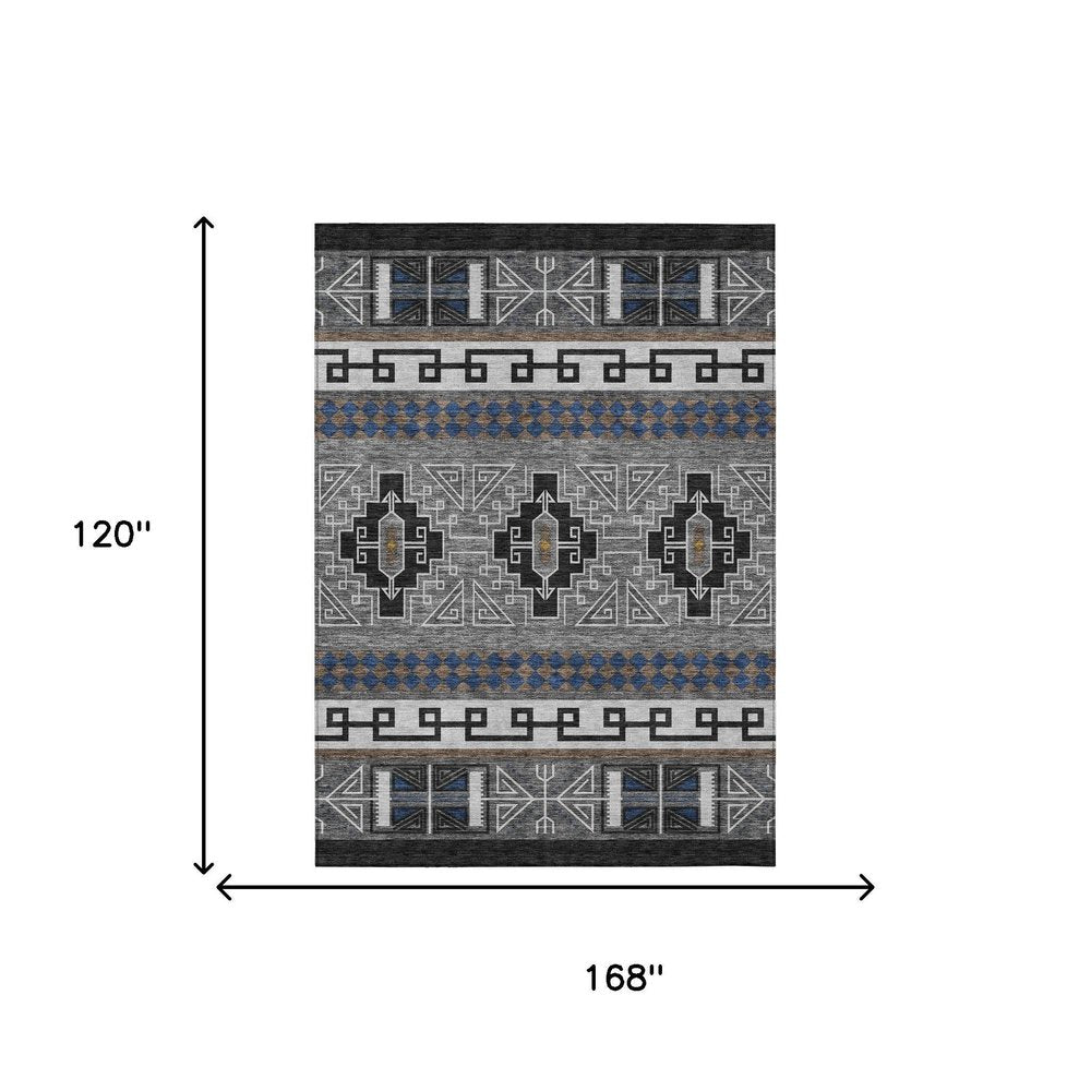 10' X 14' Black And Copper Tribal Washable Indoor Outdoor Area Rug — view 5