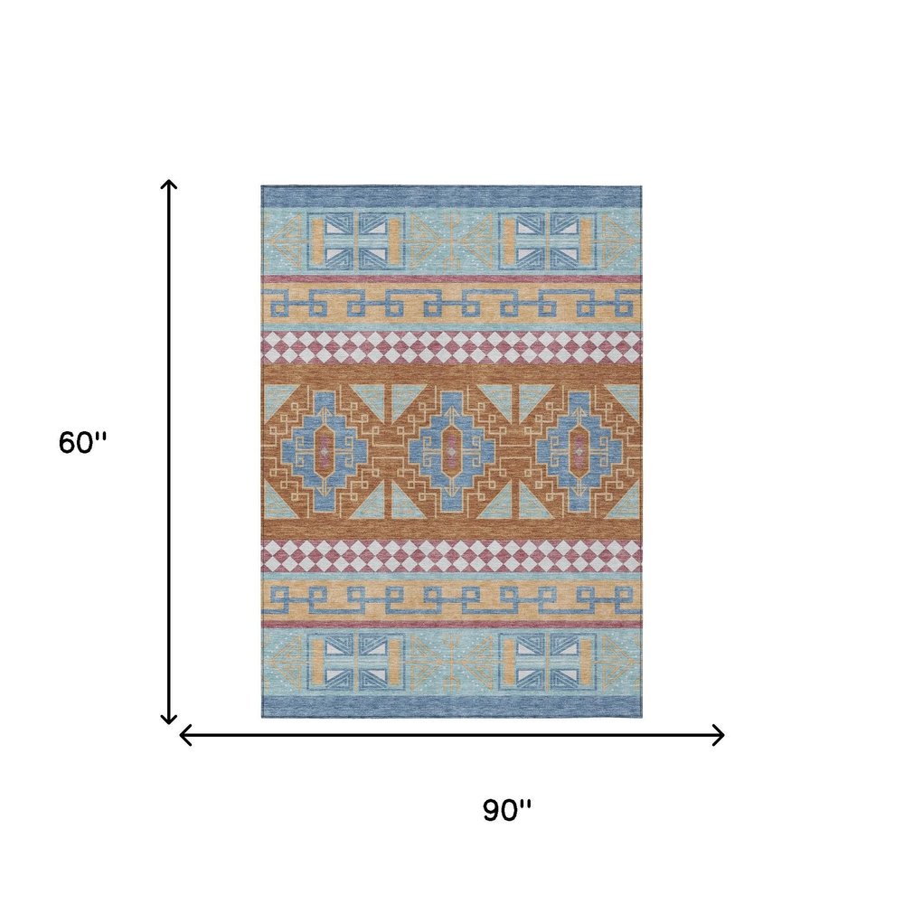 5' X 8' Blue And Aqua Tribal Washable Indoor Outdoor Area Rug HomeRoots