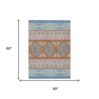 5' X 8' Blue And Aqua Tribal Washable Indoor Outdoor Area Rug HomeRoots