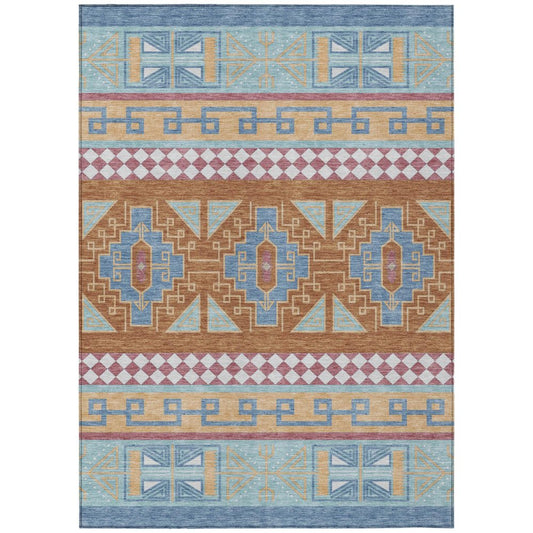 5' X 8' Blue And Aqua Tribal Washable Indoor Outdoor Area Rug