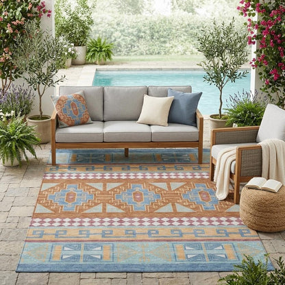 5' X 8' Blue And Aqua Tribal Washable Indoor Outdoor Area Rug HomeRoots
