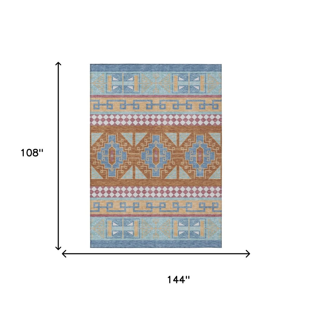 9' X 12' Blue And Aqua Tribal Washable Indoor Outdoor Area Rug — view 6