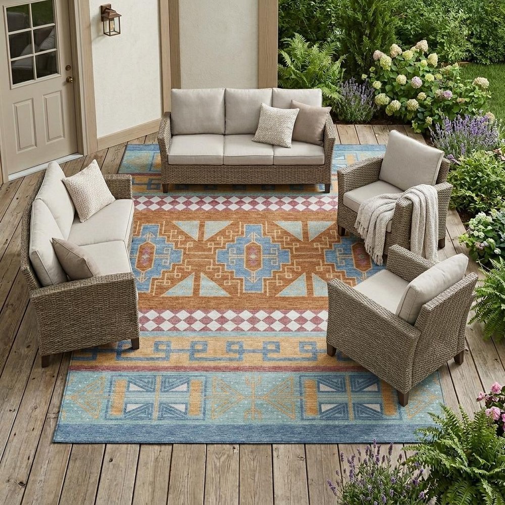 9' X 12' Blue And Aqua Tribal Washable Indoor Outdoor Area Rug HomeRoots