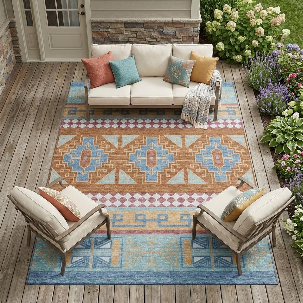 10' X 14' Blue And Aqua Tribal Washable Indoor Outdoor Area Rug HomeRoots