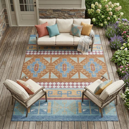 10' X 14' Blue And Aqua Tribal Washable Indoor Outdoor Area Rug HomeRoots