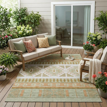 5' X 8' Green And Teal Blue Tribal Washable Indoor Outdoor Area Rug