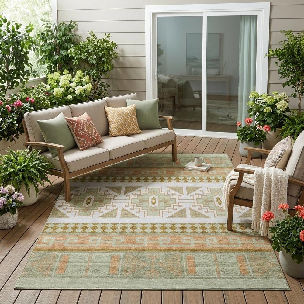 5' X 8' Green And Teal Blue Tribal Washable Indoor Outdoor Area Rug — view 7