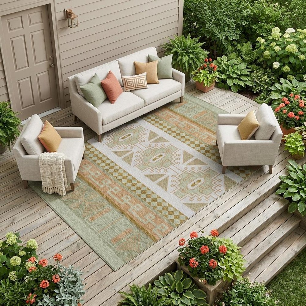 8' X 10' Green And Teal Blue Tribal Washable Indoor Outdoor Area Rug HomeRoots