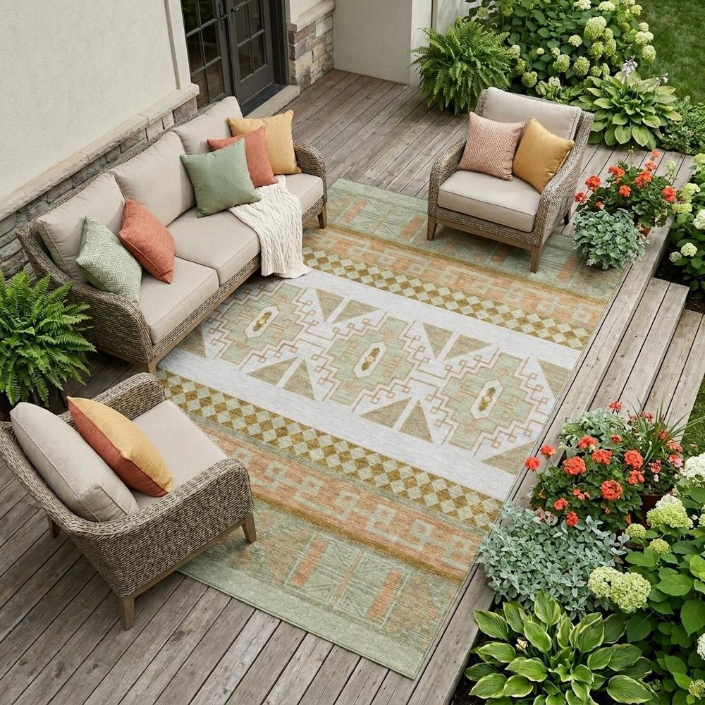 9' X 12' Green And Teal Blue Tribal Washable Indoor Outdoor Area Rug — view 7