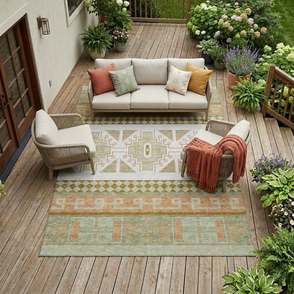 10' X 14' Green And Teal Blue Tribal Washable Indoor Outdoor Area Rug — view 7