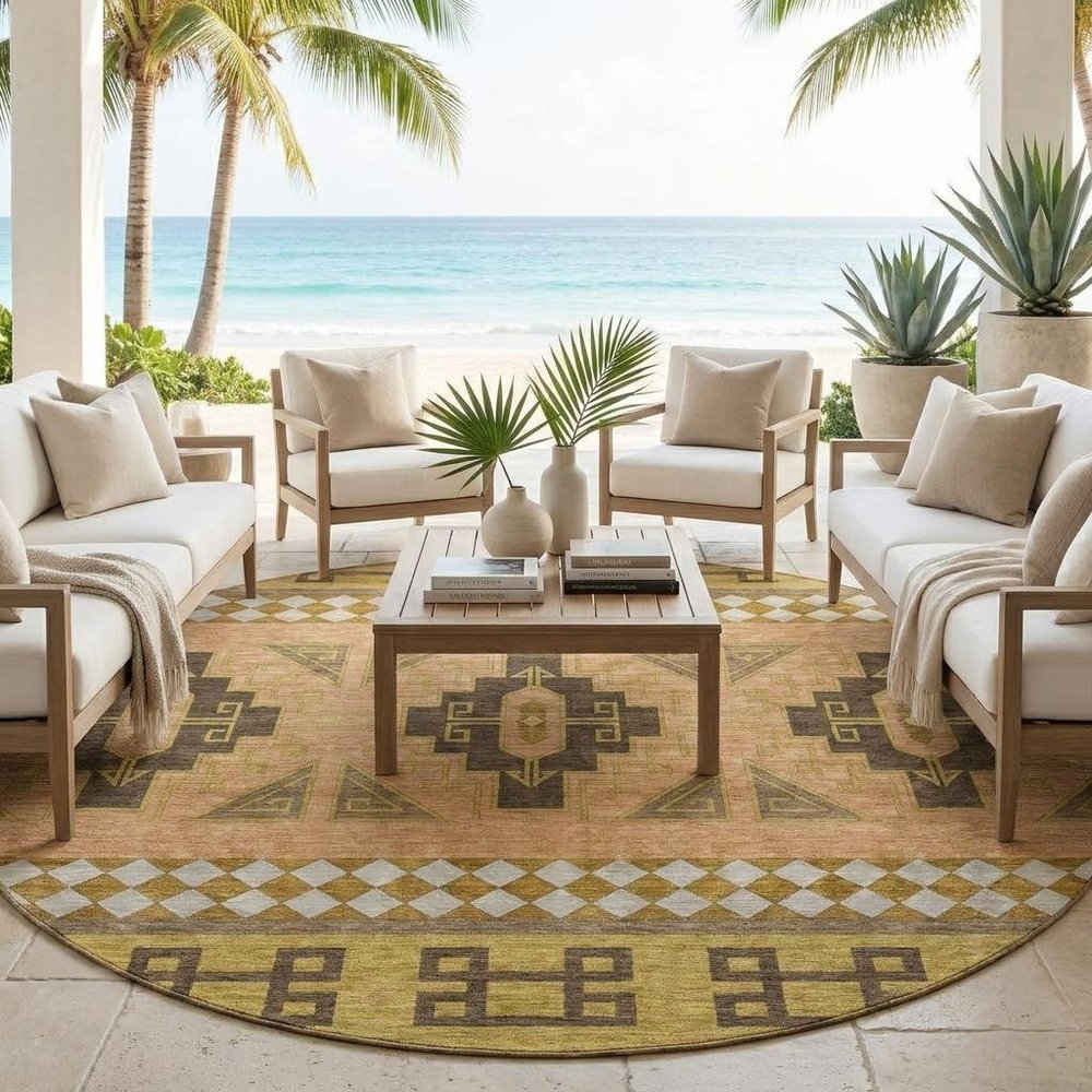 8' Chocolate And Olive Green Round Tribal Washable Indoor Outdoor Area Rug — view 7