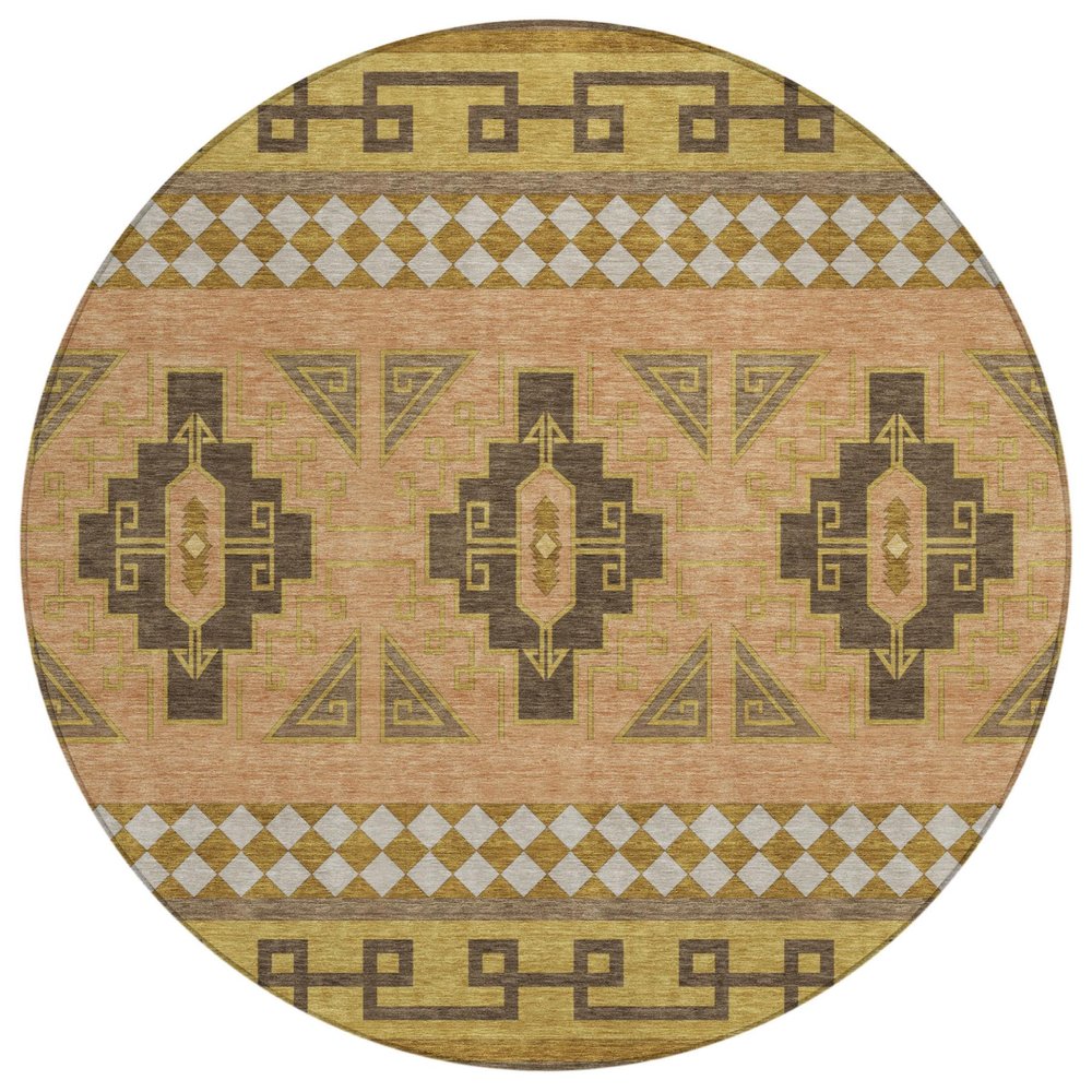 8' Chocolate And Olive Green Round Tribal Washable Indoor Outdoor Area Rug — view 1