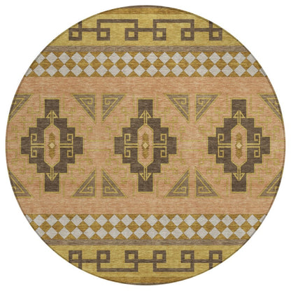 8' Chocolate And Olive Green Round Tribal Washable Indoor Outdoor Area Rug HomeRoots