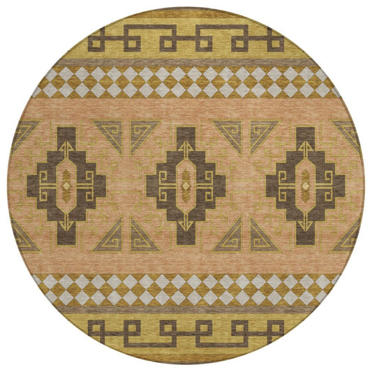 8' Chocolate And Olive Green Round Tribal Washable Indoor Outdoor Area Rug