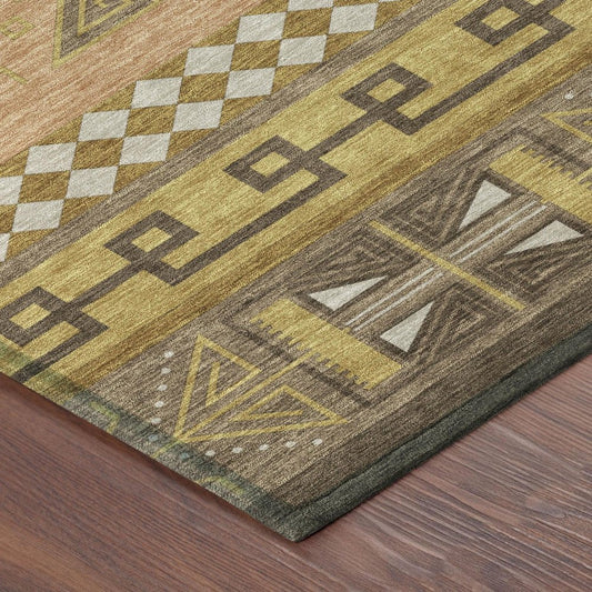 8' Chocolate And Olive Green Round Tribal Washable Indoor Outdoor Area Rug